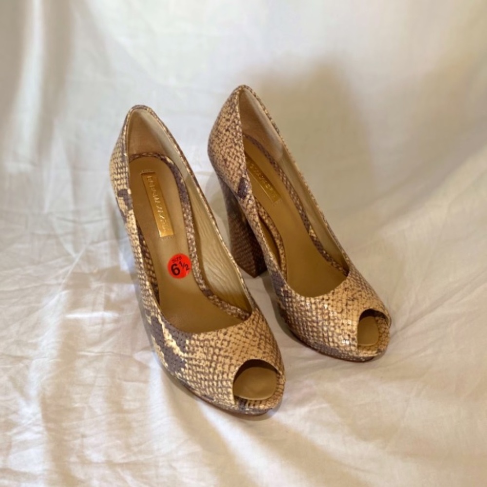 BCBG Maxazria snake embossed peep toe heels